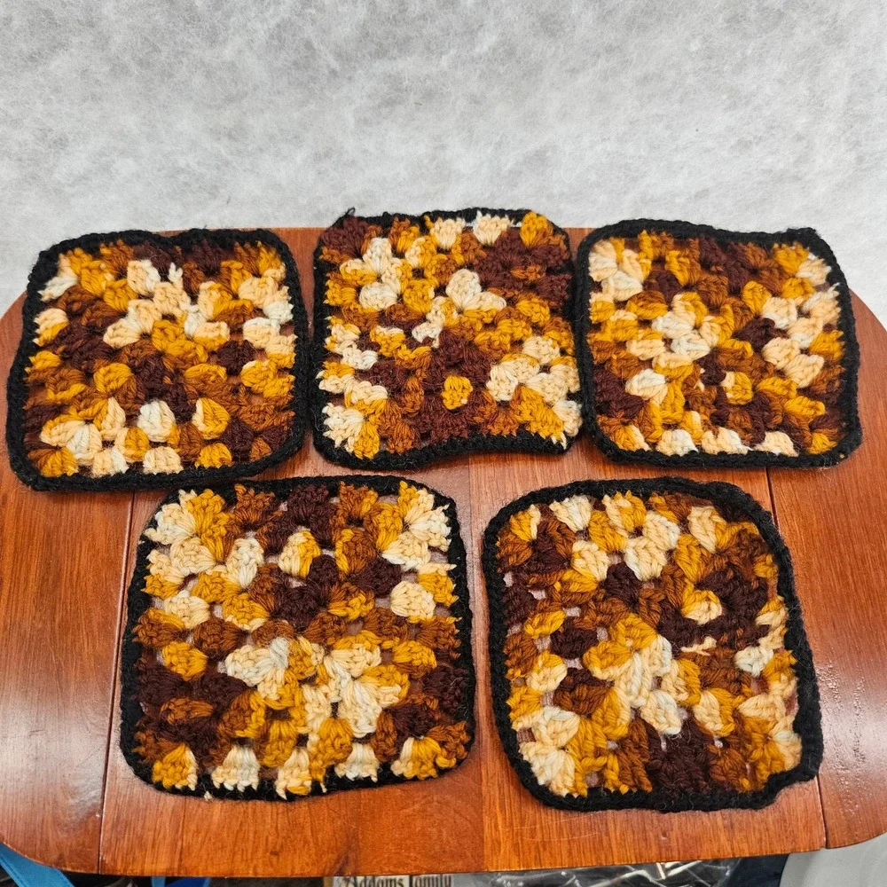 Handmade Crochet Coasters Set‎ of 5 Brown Yellow Black orange Drink Coasters